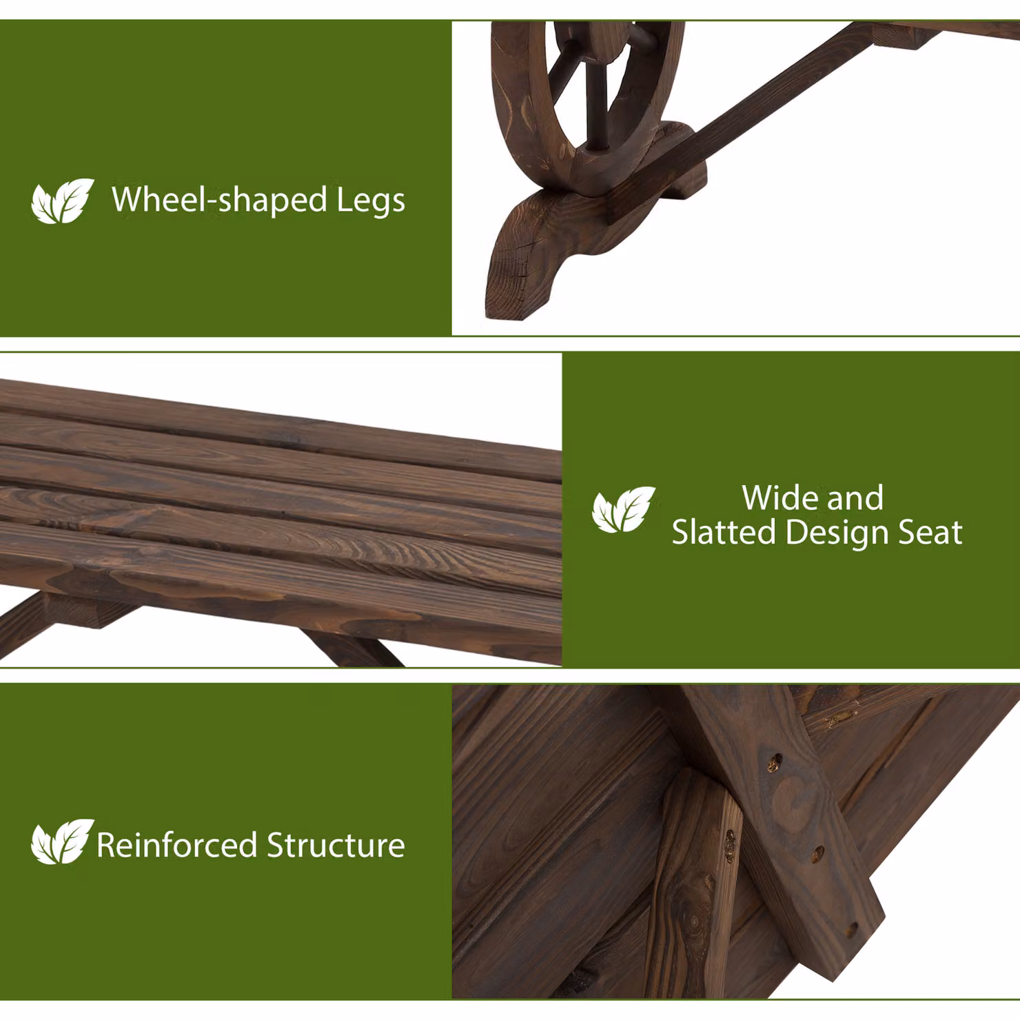 Outsunny Rustic Brown Wooden 2-Person Garden Bench with Wheel-Shaped Legs – 4