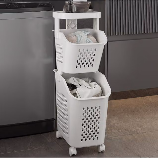 Living and Home 3-Tier Plastic Laundry Hamper Storage Rack with Casters in Grey and White