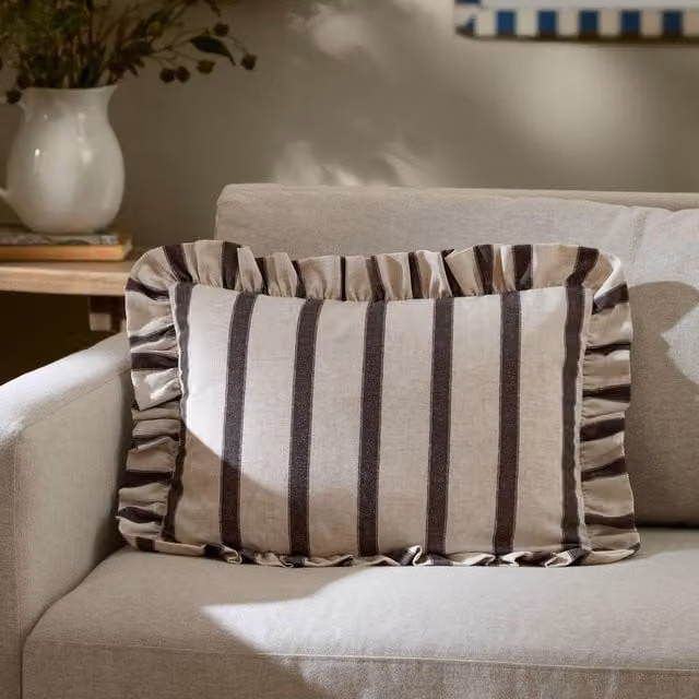 Wylder Connie Striped Ruffle Linen Cushion in Brown, W: 50 cm, H: 35 cm – 1
