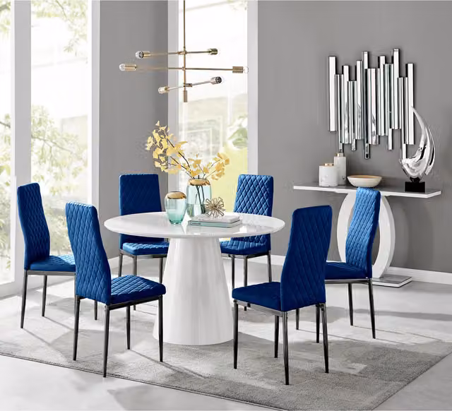 FurnitureboxUK Palma White High Gloss Round Dining Table and 6 Navy Blue Velvet Chairs with Black Legs
