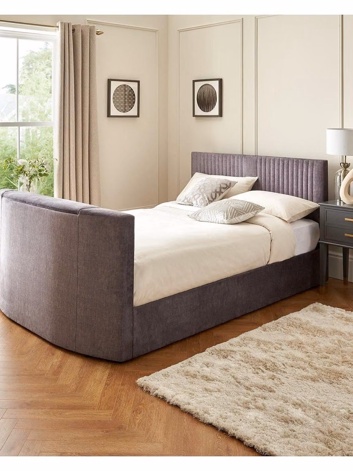 Prent King TV Bed in Grey Fabric with Voice Control and USB Charging Port, W/D/H: 180 x 200 cm