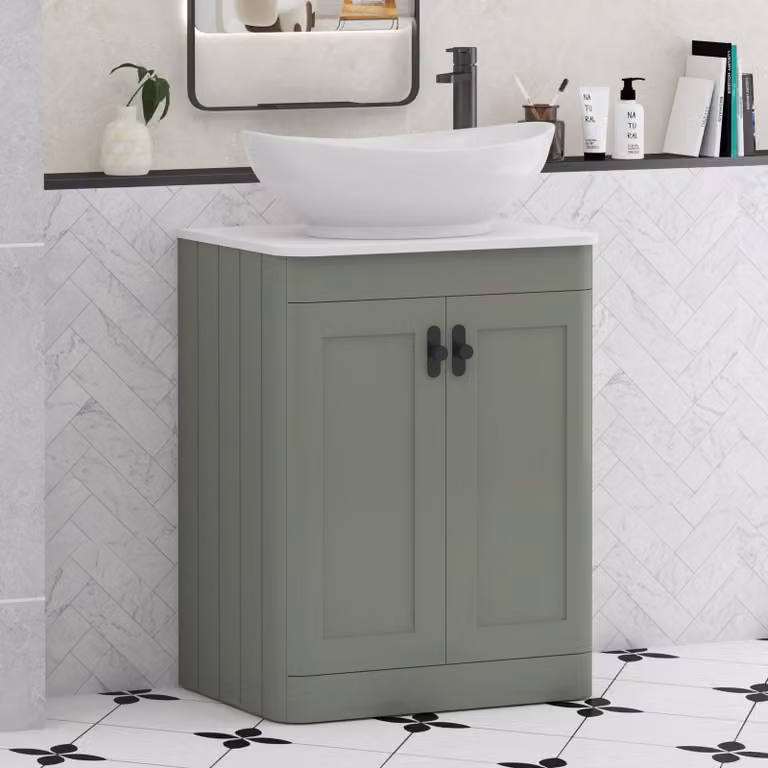 Royal Bathrooms Henley 600mm Sage Green Floor Standing 2 Door Vanity Unit with Plain White Worktop, Amaze Basin and Matt Black Knob