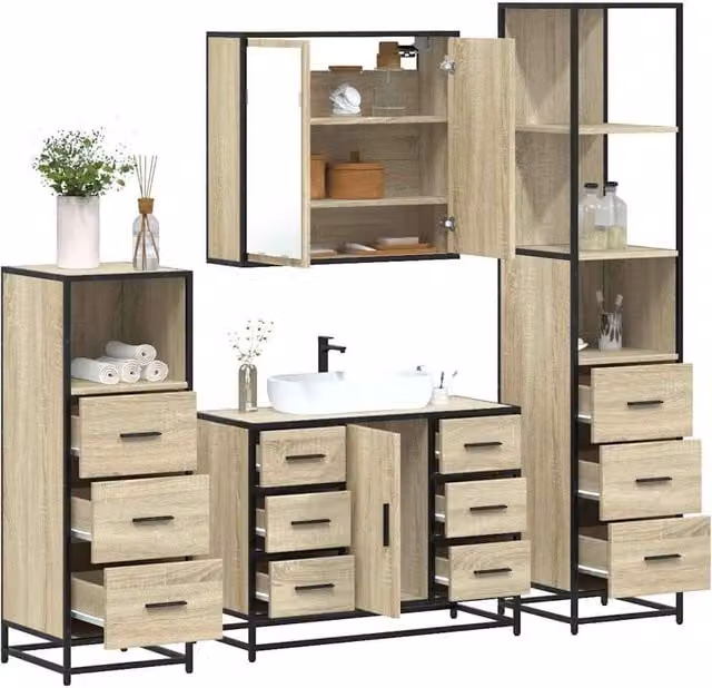Berkfield Home 4-Piece Industrial Bathroom Furniture Set in Sonoma Oak Brown – 1