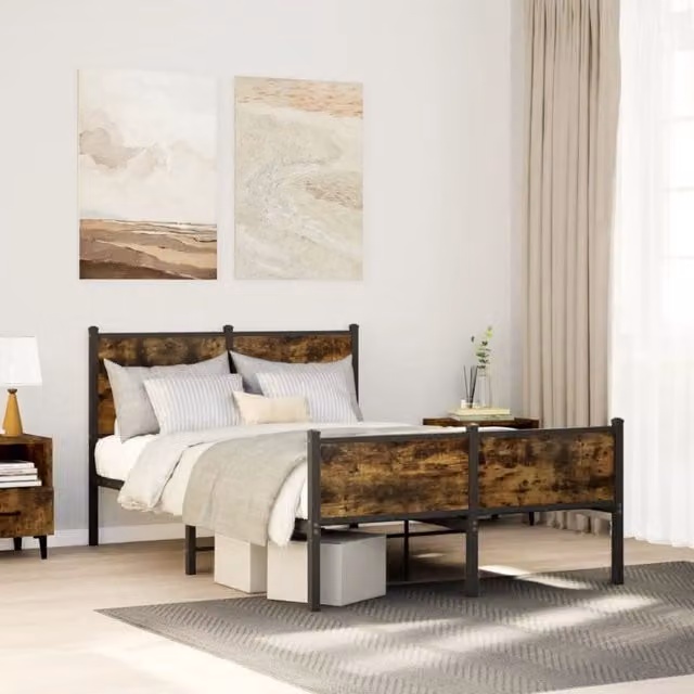 Berkfield Home Metal Bed Frame in Smoked Oak Brown, W/D/H: 120 x 190 cm – 1