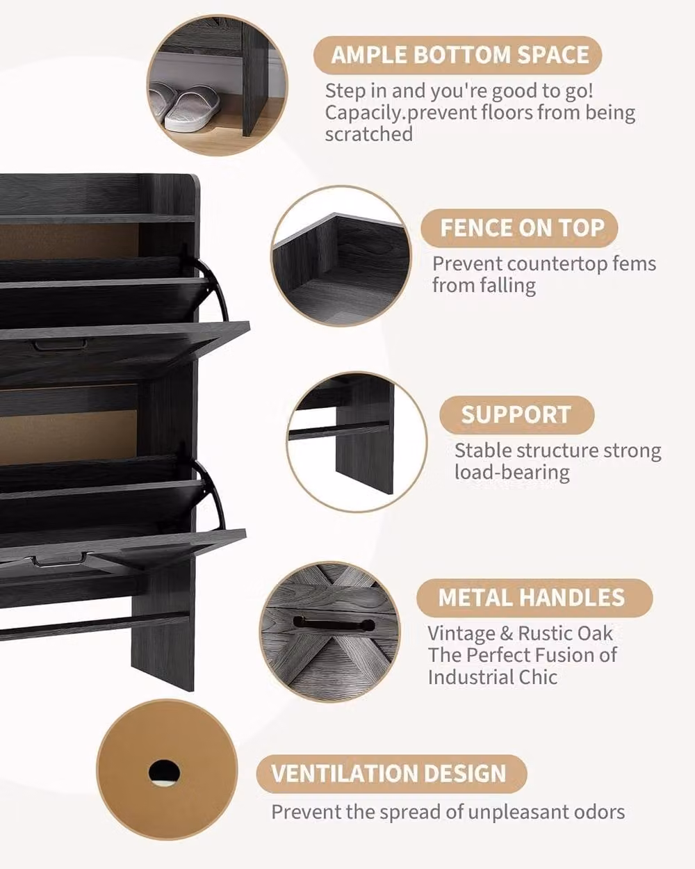 London Boutique Slim Shoe Storage Cabinet with 2 Tilting Drawers in Dark Grey – 3
