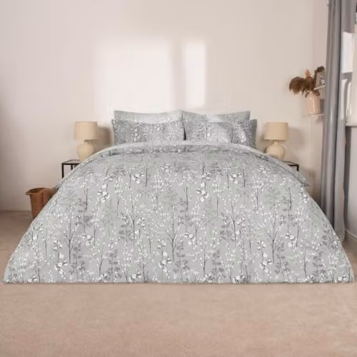 OHS Willow Branch King Size Reversible Duvet Cover Set with Matching Pillowcases in Grey