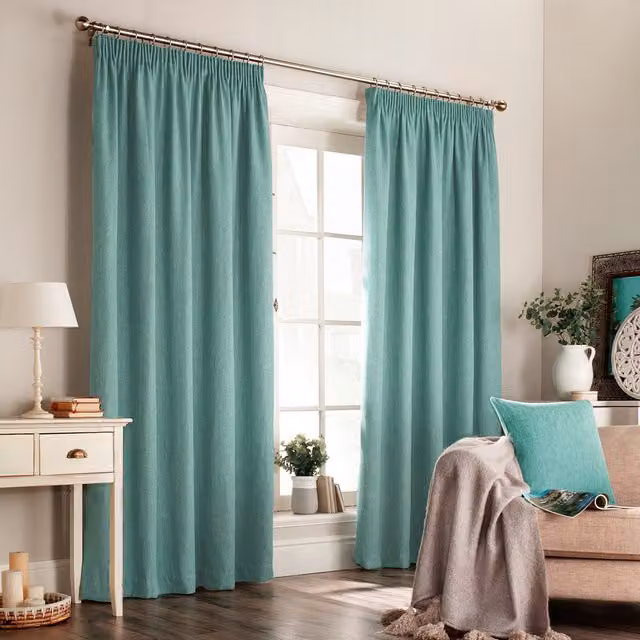 Make It A Home Harrison Herringbone Weave Pencil Pleat Thermal Insulating Curtain Pair in Blue and Turquoise, Height: 229 cm