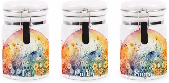 Purely Home Sunrise Flowers Small Ceramic Tea, Coffee and Sugar Storage Canister in Orange, White and Multicolour Floral Design