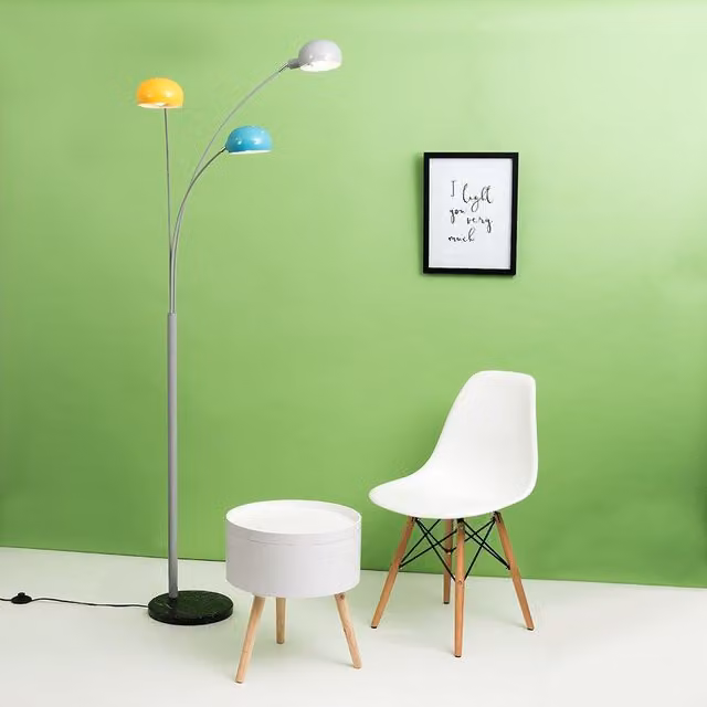 ValueLights Curva 3 Way Grey Floor Lamp with Marble Base and Metal Dome