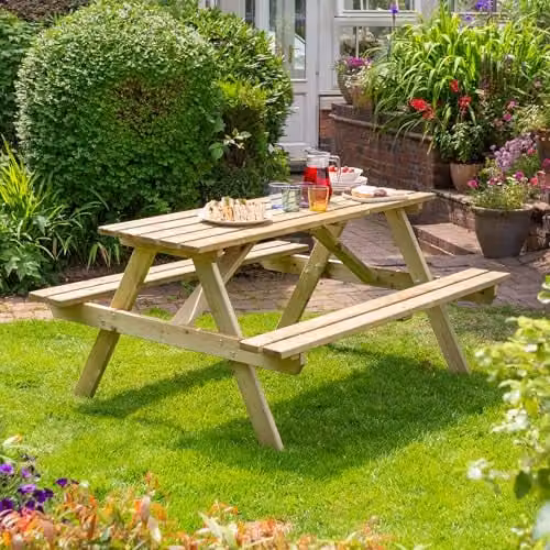 Rowlinsons Traditional 6 Seater Outdoor Picnic Table in Brown, W150 x D120 x H71 cm – 1