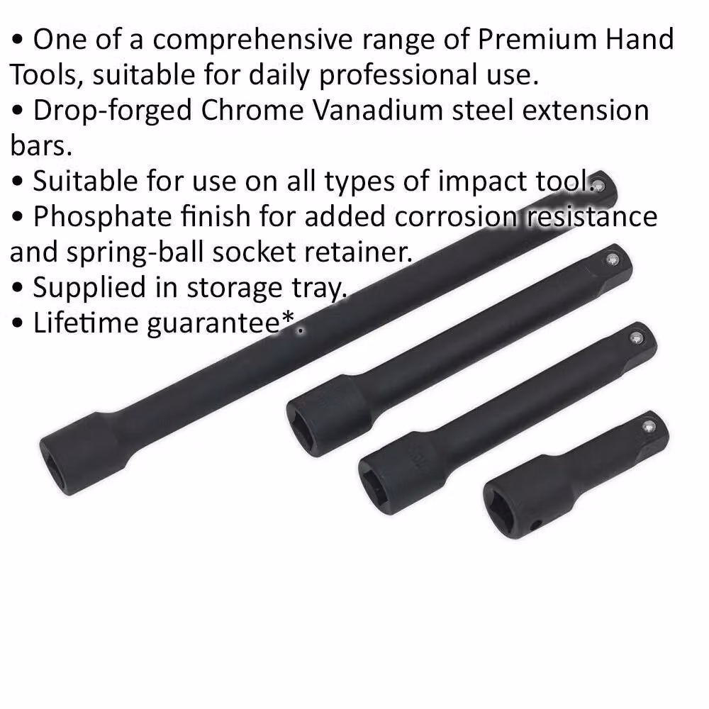 Loops 4 Piece Impact Extension Bar Set, 1/2 inch Sq Drive, Chrome Vanadium Steel, Multicolour and Black – 2