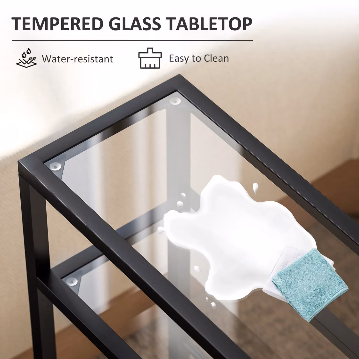 HOMCOM 3-Tier Black Side Table with Tempered Glass Tabletop and Storage Shelf – 4