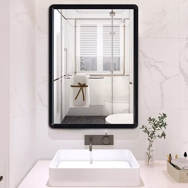 Livingandhome Modern Round Black Metal Wall Mirror, Diameter: 46.5 cm