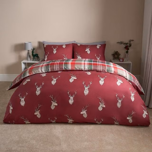 OHS Christmas Red Checked Microfibre Bedding Set, W: 180 cm x L: 200 cm