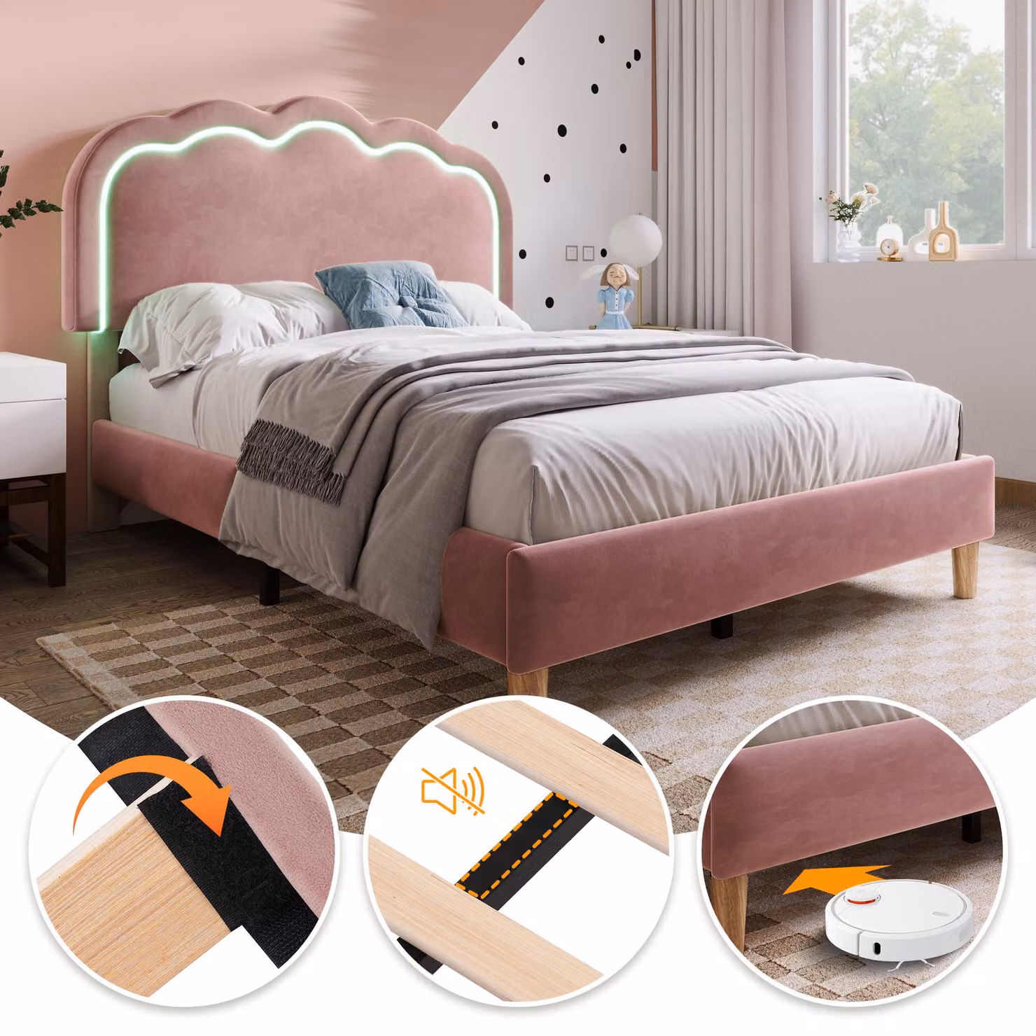 Aosom UK Pink Velvet Upholstered Single Bed with LED Adjustable Headboard and Wooden Slats, L: 197 cm, W: 101 cm, H: 109 cm – 3