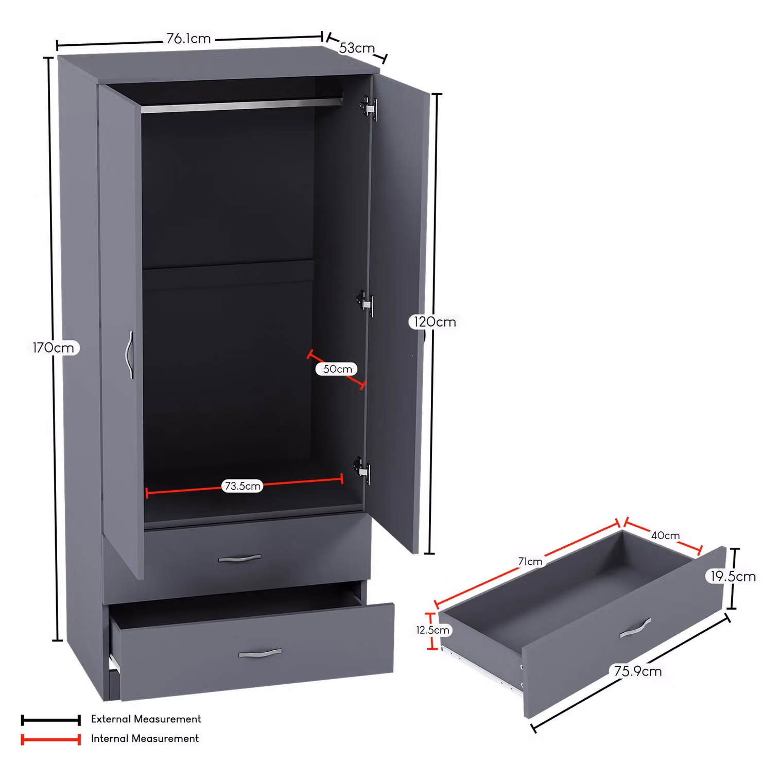 Home Discount Vida Designs Riano Modern Grey 2 Door 2 Drawer Wardrobe with Hanging Rod and Internal Shelves – 6