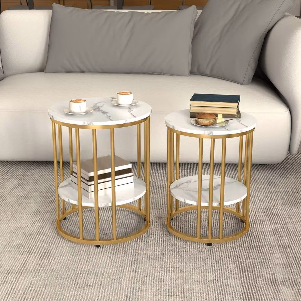 ERGOVEXA Set of Two Round Marble-Effect Coffee Tables in White and Gold – 2
