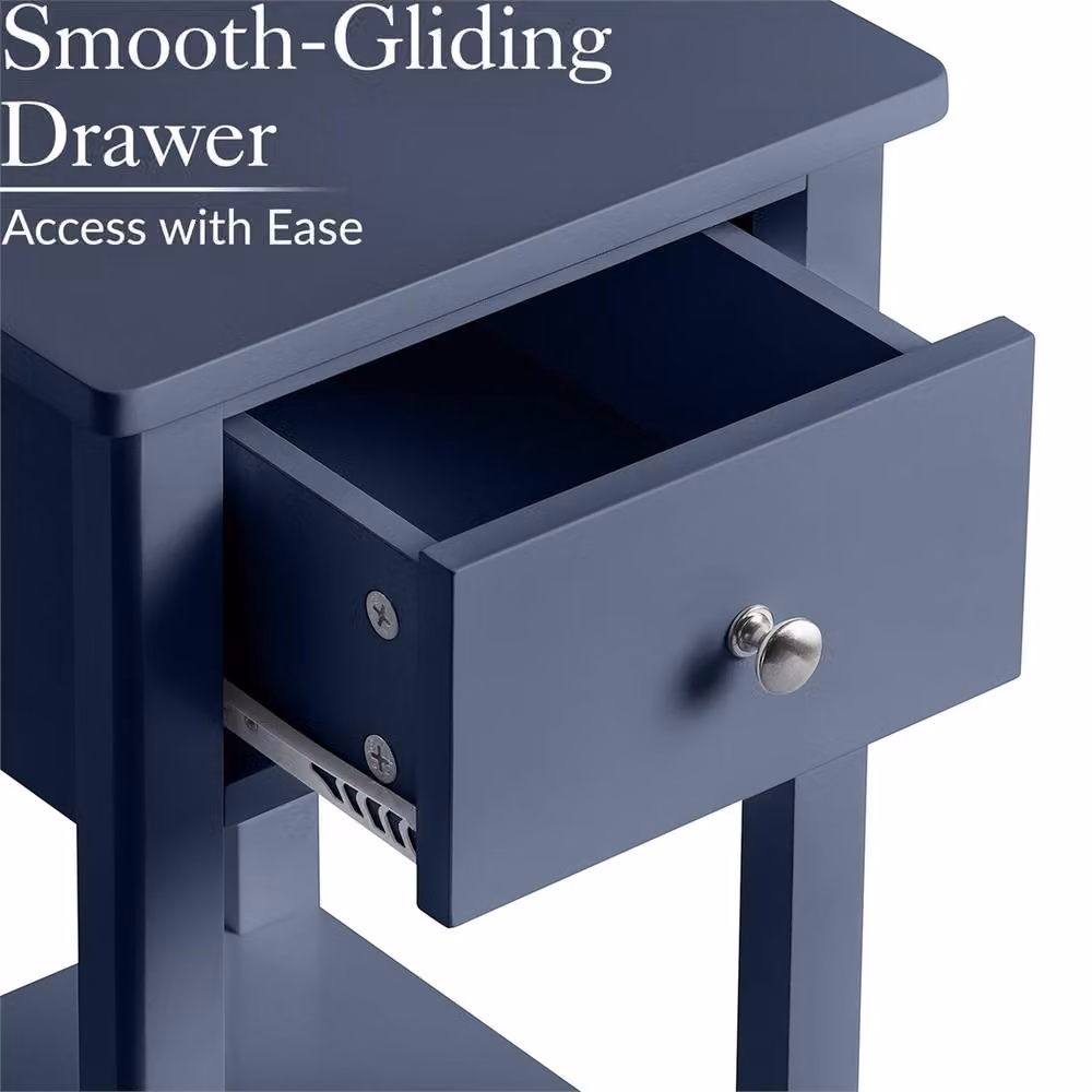 NESTLUNE Navy Blue Slim Bedside Table and Modern Bedroom Nightstand – 3