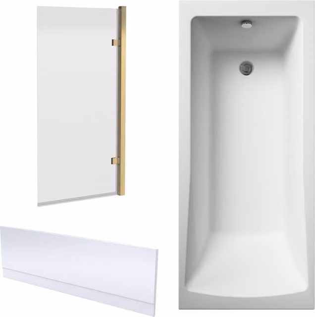 Balterley Square Shower Bath Set in White with Brushed Brass Hinged Screen and Front Panel
