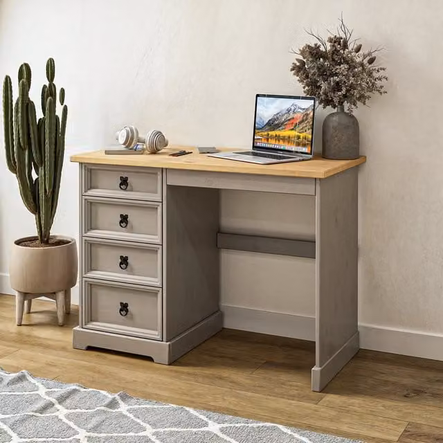 Mews Rustic Grey Waxed Pine Dressing Table and 4 Drawer Computer Desk