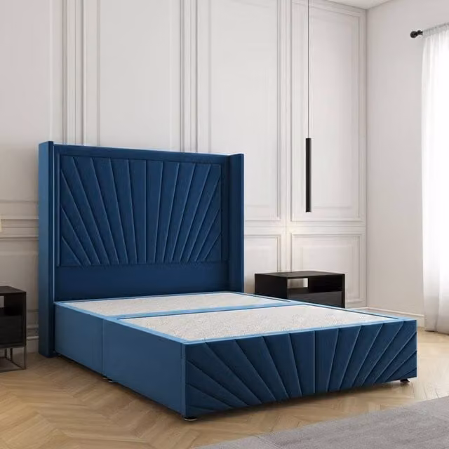 Regional Furnishings Upholstered Velvet Divan Bed with Headboard and Footboard in Blue, W/D/H: 90 x 200 x 137.16 cm
