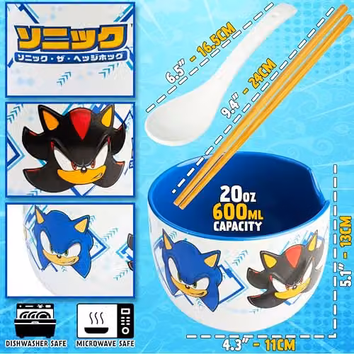 Get Trend Sonic the Hedgehog Ramen Bowl Set, Multicolour Ceramic Bowl with Spoon and Bamboo Chopsticks, 600ml – 6