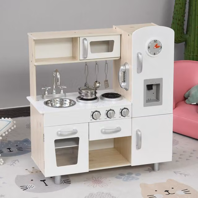HOMCOM Kids Kitchen Playset with Cooking Set in White