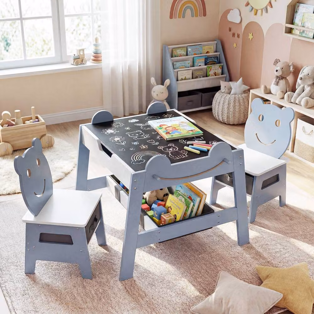 Costway Versatile Kids Wooden Activity Table and 2 Chairs Set in Grey – 4