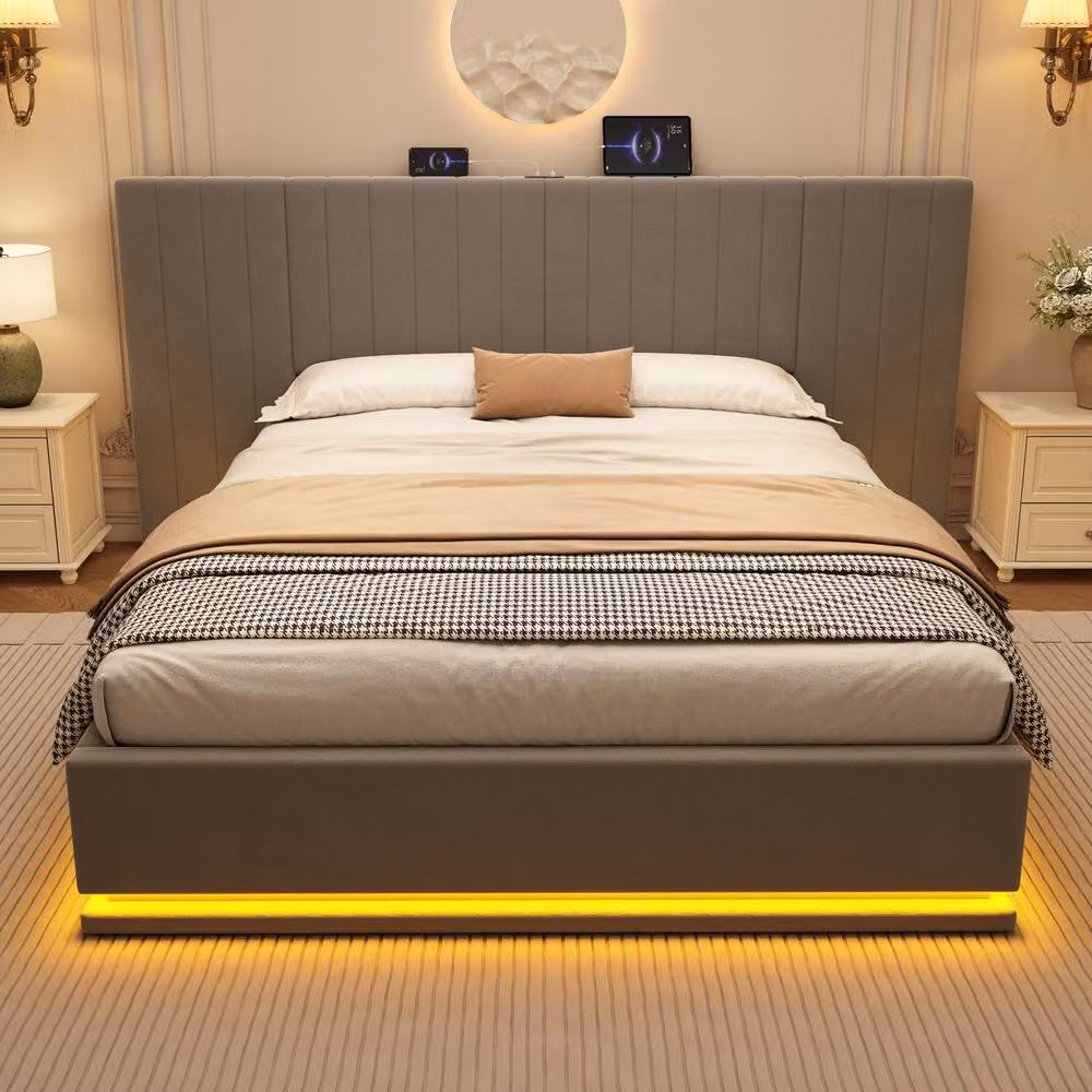 Matteo King Ottoman Storage Bed Frame in Grey Velvet with LED Lighting and USB Charging Station, W: 180 cm x D: 200 cm – 2