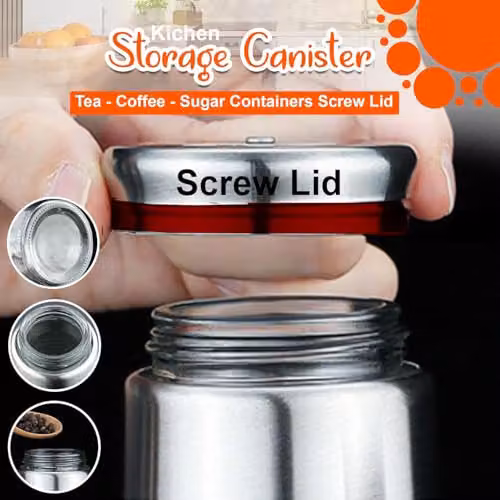 ATEK Set of 3 Glass Kitchen Storage Canisters with Silver Screw Lids for Tea, Coffee and Sugar, Transparent and White – 3
