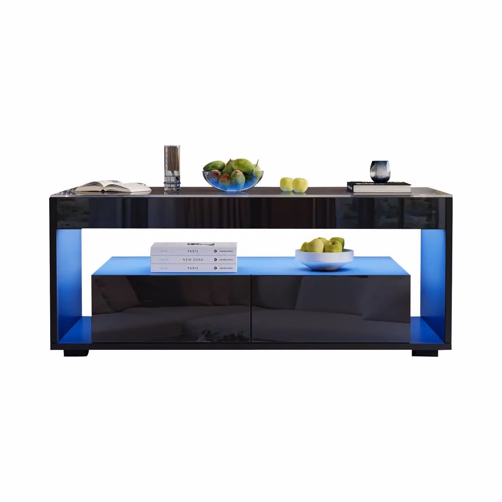 ModernLuxe High Gloss Rectangular Coffee Table with Glass Top and 2 Drawers in Black – 8