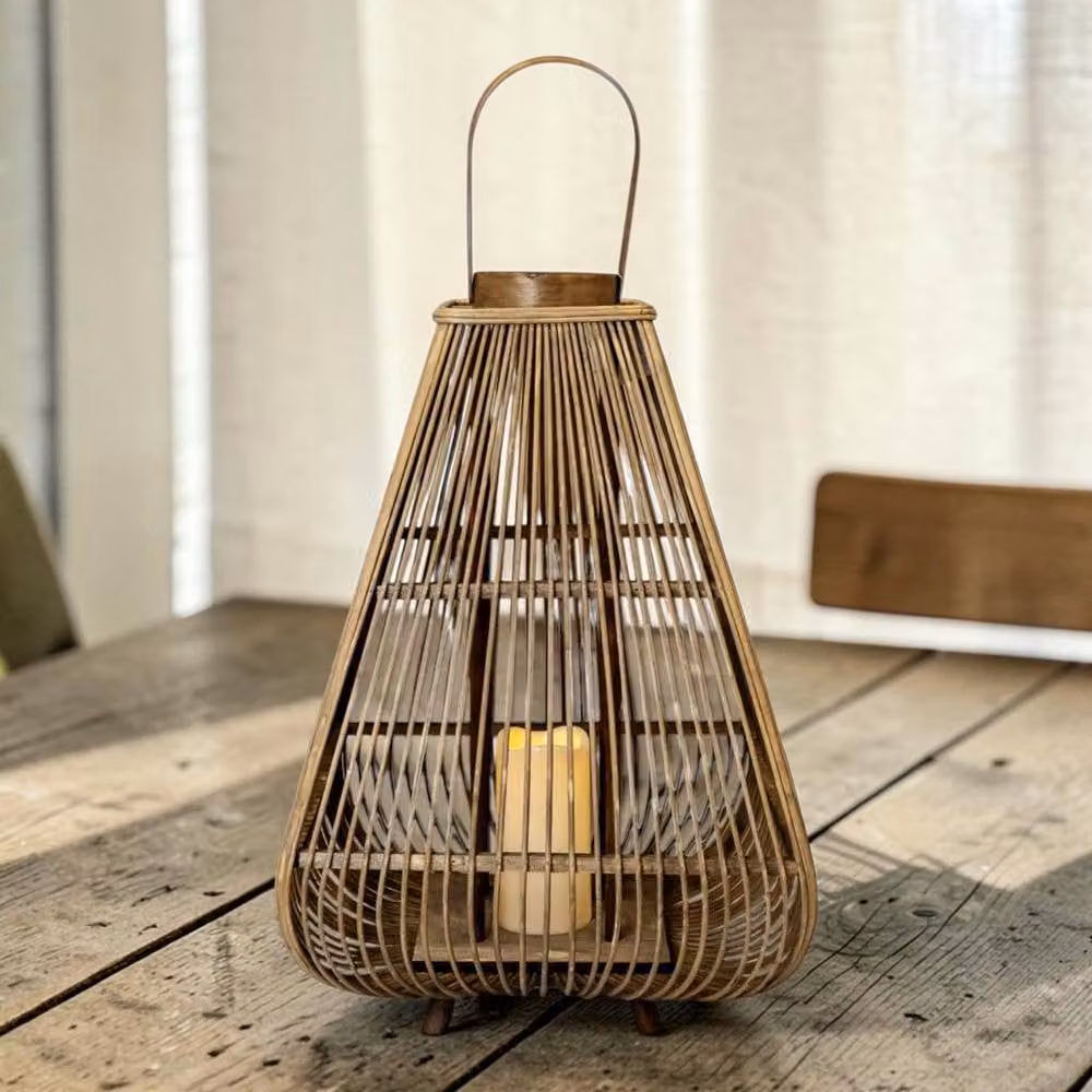 Four Candle Extra Large Rustic Brown Bamboo and Rattan Tabletop Lantern with LED Pillar Candles, H 37 cm x W 37 cm x D 96 cm – 2