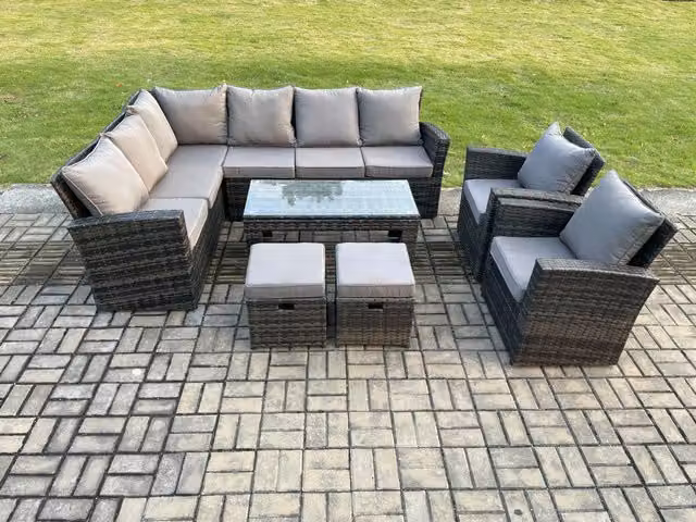 Fimous 10 Seat Rattan Garden Furniture Set with Corner Sofa, Coffee Table and 2 Ottomans in Dark Grey