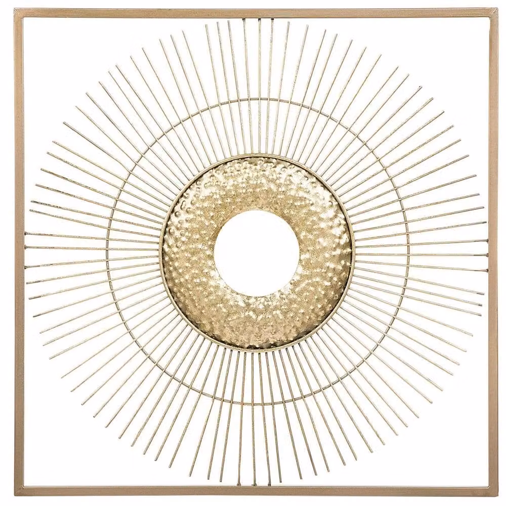 Wyld and Coco Gold Sunburst Square Metal Wall Decor, W: 50 cm x H: 50 cm