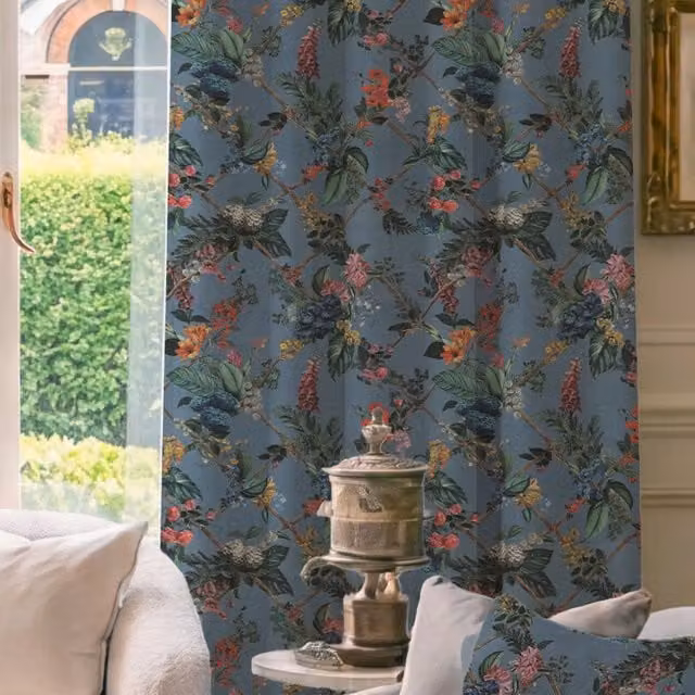 House Llewelyn-Bowen Cotswold Fantasia Made To Measure Blackout Cotton Curtains in Cornflower Blue and Multicolour Floral Print