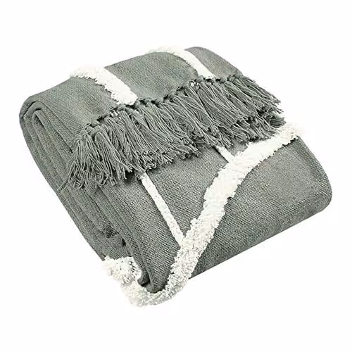 Riva Home Grey Striped Woven Cotton Boho Throw with Fringes, W/D/H: 150 x 130 x 1 cm – 1