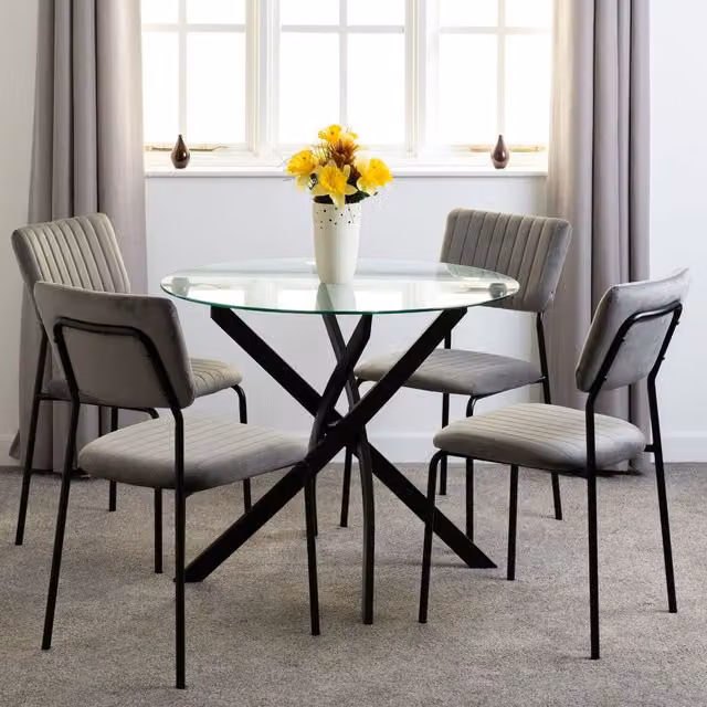 Seconique Sheldon Round Glass Top Dining Set with 5 Chairs in Grey Velvet