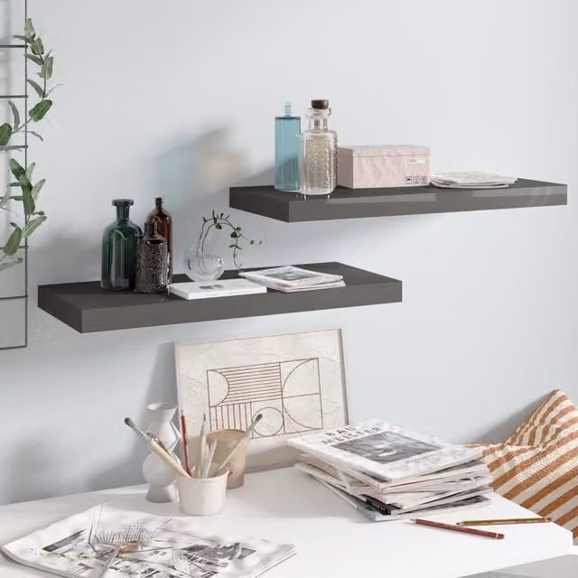Berkfield Home Floating Wall Shelves, 2 Piece Set in High Gloss Grey, W: 60 cm, D: 23.5 cm, H: 3.8 cm – 1