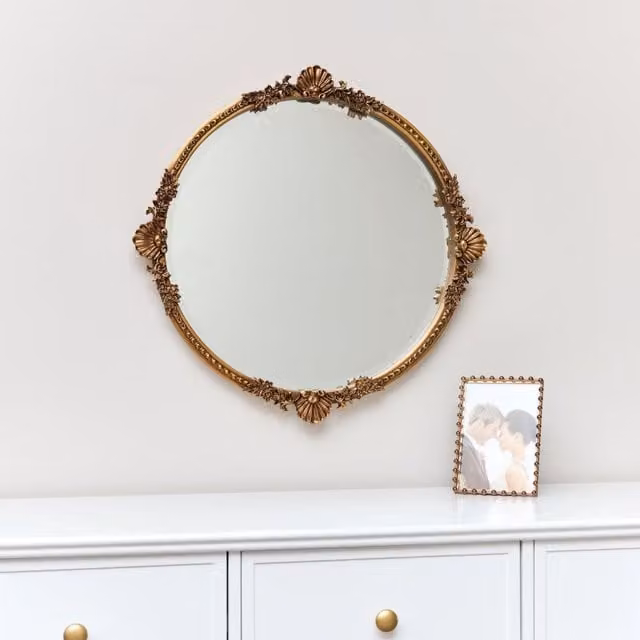 Melody Maison Round Gold Ornate Vintage Floral Wall Mirror, W/D/H: 56 x 56 x 1 cm