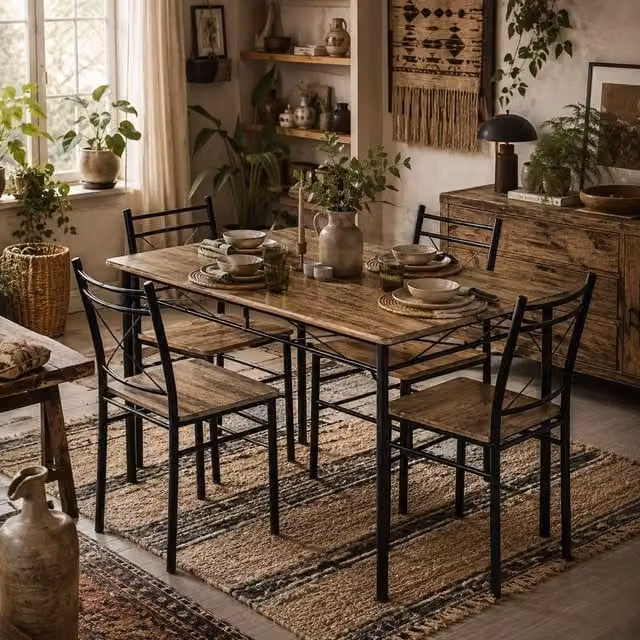 Wyld Haus Birutte 5 Piece Minimalist Dining Set in Black and Brown Oak Effect – 1