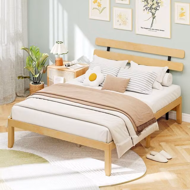 Costway King Size Solid Wood Platform Bed Frame with Retro Headboard in Natural Sand, 180 x 200 cm