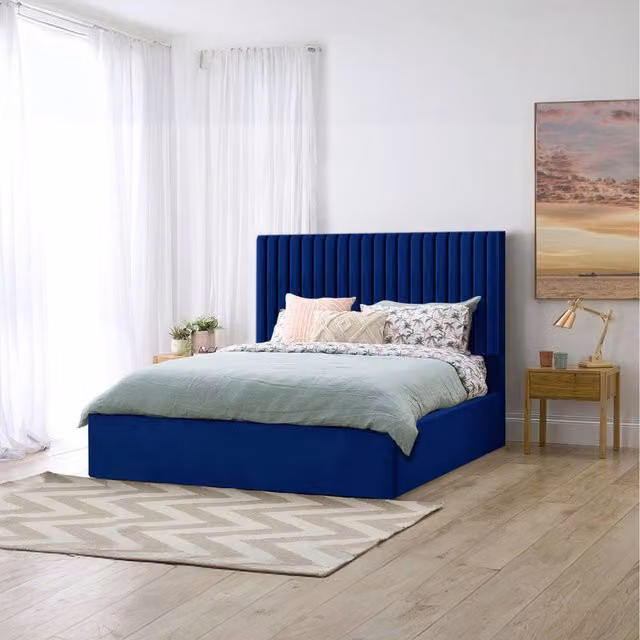 Desire Deco Blue Velvet Upholstered Modern Storage Bed, W/D/H: 140 x 200 cm