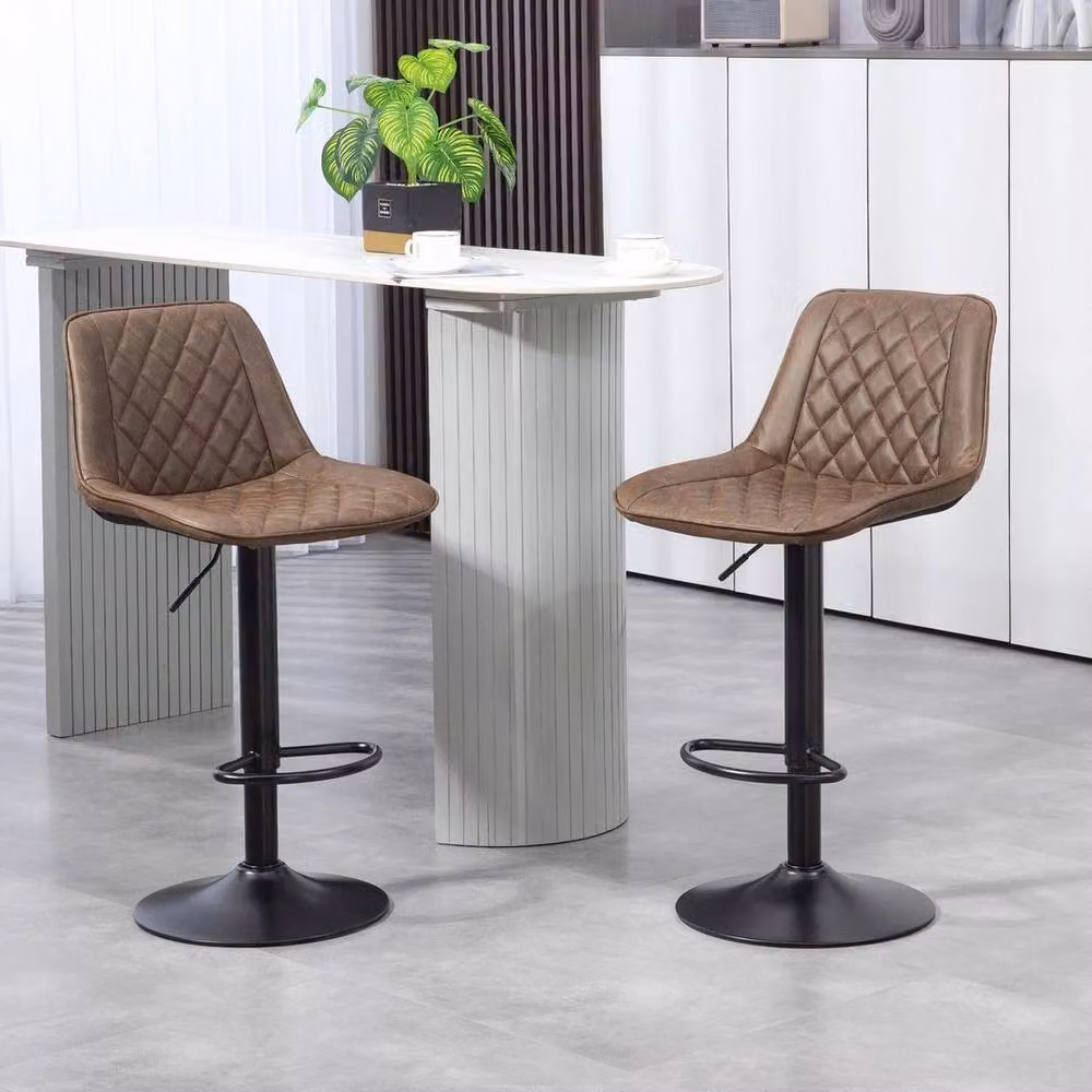 SPETLEK Set of 2 Brown PU Leather Swivel Bar Stools with Adjustable Height and Metal Frame – 6