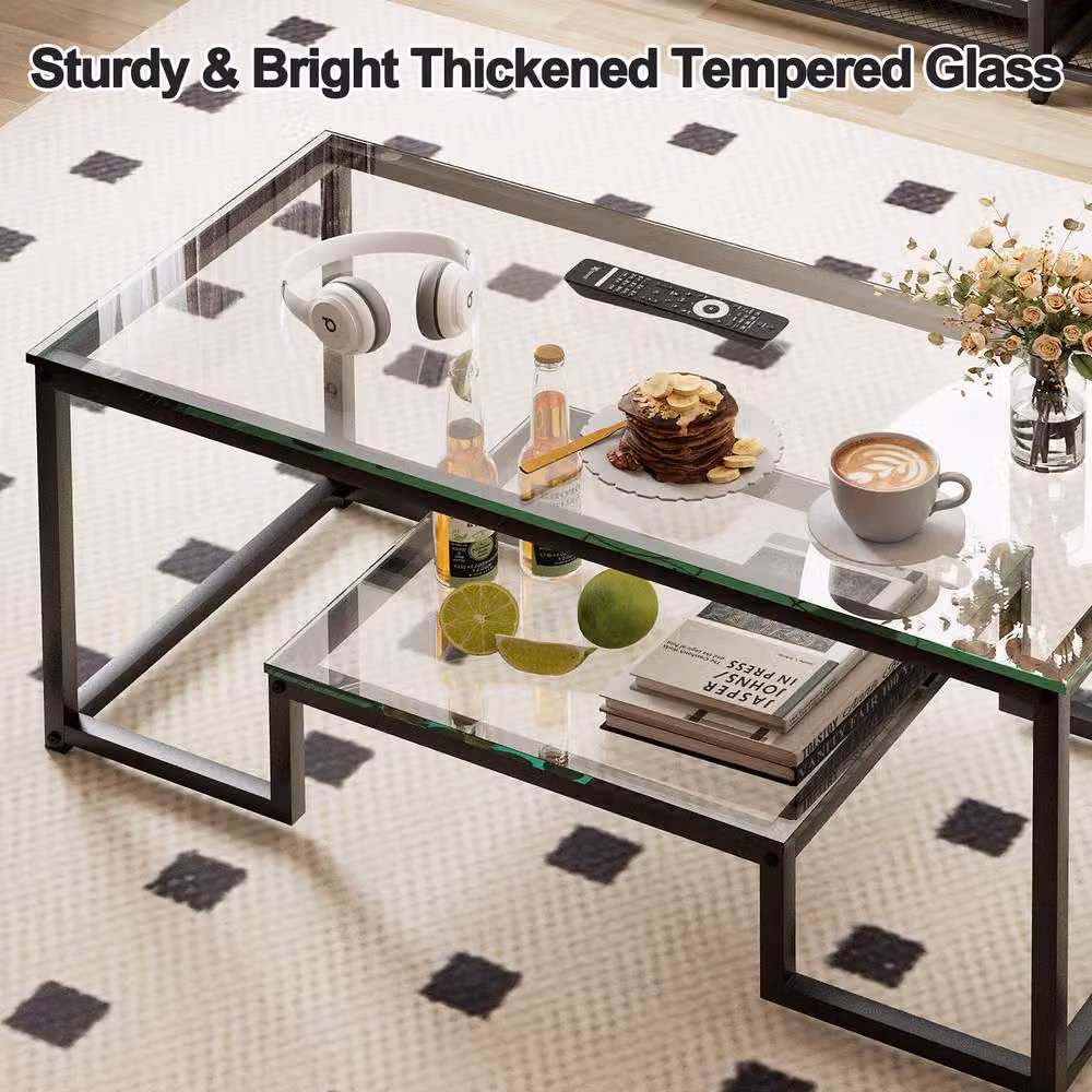 Huhote Modern Rectangular Glass Coffee Table with Black Metal Frame – 8
