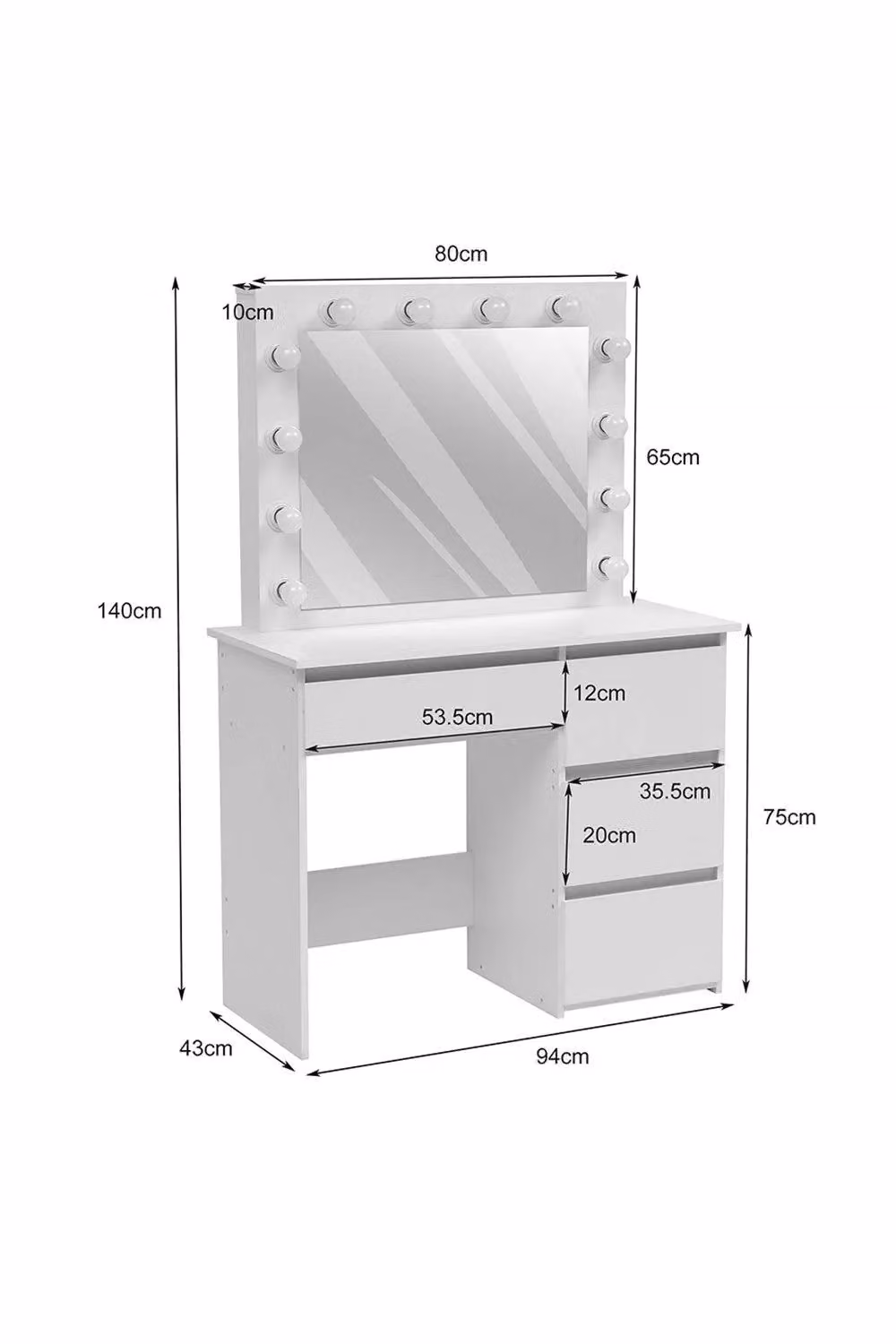 H&O Direct Modern White Dressing Table with Hollywood LED Rectangular Mirror – 3