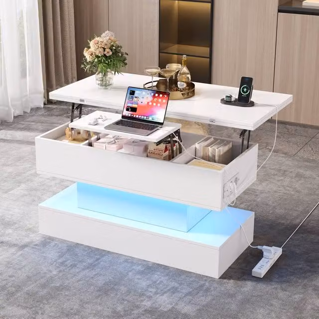 Merax White Glossy Lift Top LED Coffee Table with Power Outlet