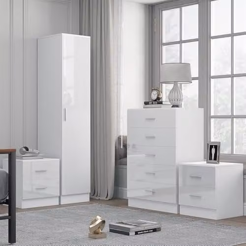 Reflect Modern Bedroom Furniture Set in White Gloss and Matt White Finish, including 1 Door Wardrobe, 5 Drawer Chest, and 2 Bedside Tables