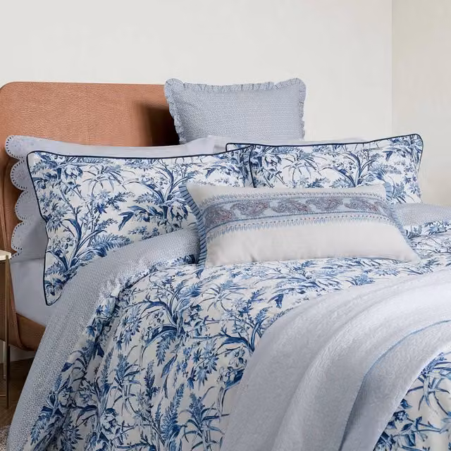 Bedeck of Belfast Este Single Cotton Percale Duvet Cover and Pillowcase Set, Indigo Floral Blue and White, W: 90 cm, L: 200 cm