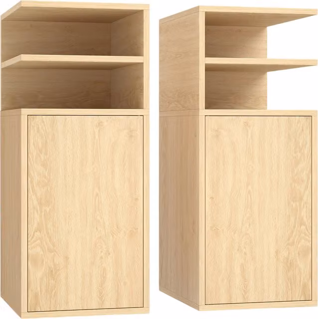 HOMCOM Set of 2 Slim Bedside Tables in Oak Brown with Open Cubbies and Cupboard, W/D/H: 30 x 25 x 60 cm