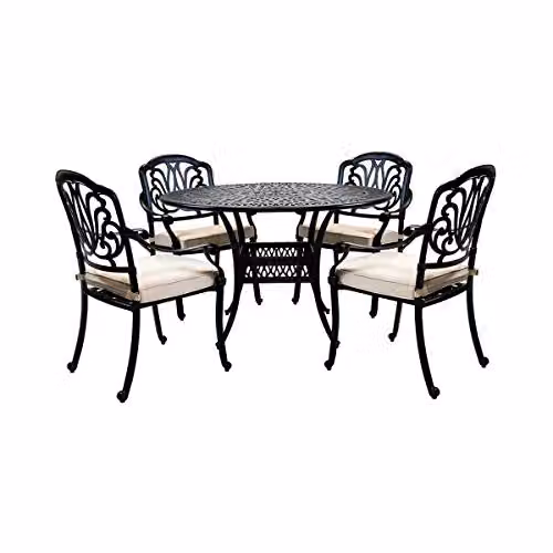Charles Bentley Modern Round Garden Dining Set in Black and Beige Powder Coated Aluminium, W/D/H: 120 x 120 x 90 cm – 1